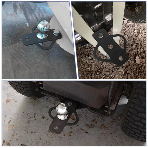 Dang Tough Heavy Duty Steel 3 Way Trailer Hitch Riser Drop Adapter with Pin Ball installed on a mower hitch for towing.