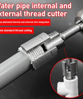 1 Pc Portable Electric Pipe Threading Tool Kit For 1/2 And 3/4 Inch PVC Plastic Pipes Durable Re threading Adapter compatible with standard power drills, showcasing internal and external thread cutter on pipe.