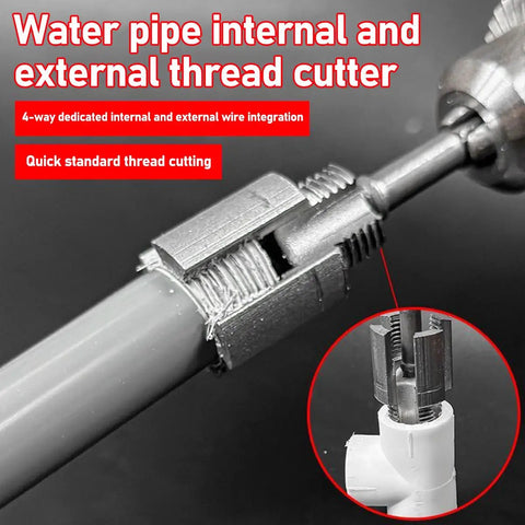 1 Pc Portable Electric Pipe Threading Tool Kit For 1/2 And 3/4 Inch PVC Plastic Pipes Durable Re threading Adapter compatible with standard power drills, showcasing internal and external thread cutter on pipe.