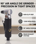 Compact 90 Degree Right Angle Pneumatic Air Die Grinder Hit 12000 RPM with non-slip grip and angled head for tight spaces.