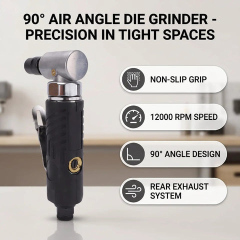 Heavy Duty 90 Degree Air Die Grinder 12000 RPM Rear Exhaust Compact Pneumatic Polisher shown with features for tight spaces.