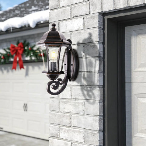 Large Bronze Aluminum Outdoor Wall Light Fixture For Porch And Exterior Doors Old School Lantern Sconce With Clear Seeded Glass