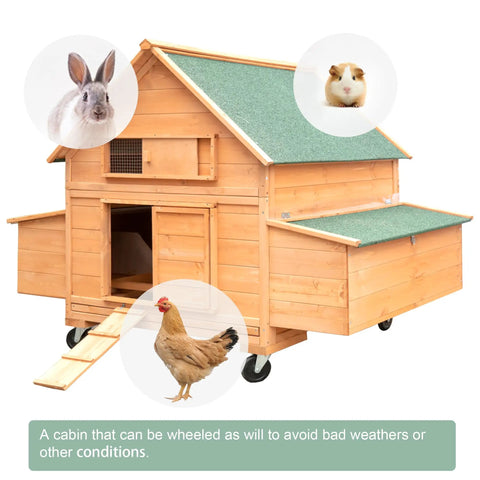Mobile Wooden Chicken Coop On Wheels For Four To Six Chickens, Large Outdoor Hen House With Nesting Box, predator proof design.