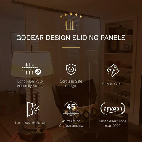 Adjustable Sliding Panel Track Door Blinds For Sliding Glass Doors, Cordless 4-Panel System with features and awards displayed