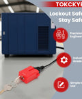 Electrical Plug Lockout Device for US 2 and 3 Prong Plugs Key Retaining Safety Lock 2 Pack, shown attached to plug.