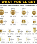 Brass compression fittings kit, 255 pieces, 18 sizes, ferrules, inserts, sleeves and nuts for 1/8–1/2 in tubing.