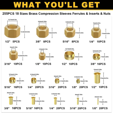 Brass compression fittings kit, 255 pieces, 18 sizes, ferrules, inserts, sleeves and nuts for 1/8–1/2 in tubing.