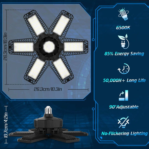 Diagram of Eight Pack 200W LED Garage Lights With Six Adjustable Panels 20000 Lumen 6500K Daylight Folding Ceiling Shop Lights For Garage And Workshop E26 E27 Compatible Ultra Bright Deformable Fixture showing size, energy efficiency, and features.
