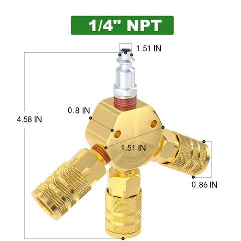 Three-Way 1/4 Inch NPT Hex Style Air Manifold With Brass Couplers And Plugs, Quick Connect Air Splitter Kit For Compressors And Hoses