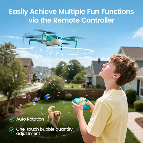 Boy using Bubble Drone For Kids and Beginners with Headless Mode, Auto Rotation, and Epic Bubble Maker in a backyard.