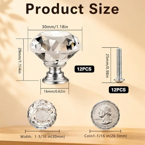 Top Tier Crystal Cabinet Knobs And Drawer Handles With Slick Silver Tone Heavy Duty Aluminum Core Badass 30mm size and screw dimensions.