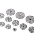 Multiple sizes of 6 Inch Wood Lathe Face Plate Alloy Steel Built Tough For 1-1/4 X 8 TPI Spindle displayed in a group.
