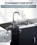 Outdoor Grill Cart With Movable Prep Table And 304 Stainless Steel Sink featuring a built-in faucet and storage hooks.