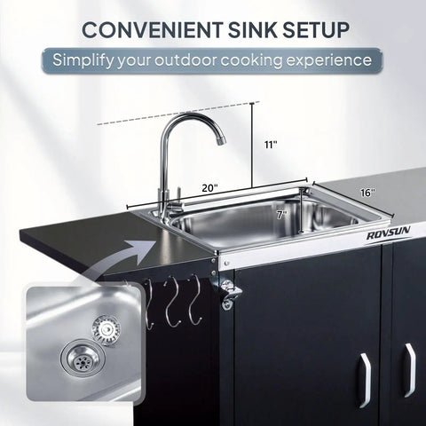 Outdoor Grill Cart With Movable Prep Table And 304 Stainless Steel Sink featuring a built-in faucet and storage hooks.