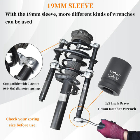 Heavy Duty Coil Spring Compressor Tool For MacPherson Struts with 19mm sleeve and ratchet wrench, ideal for cars and trucks, max load 2700 lb