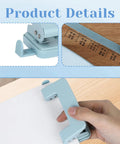 Heavy Duty Metal Two Hole Punch For A4 A5 B5 Paper, Adjustable Manual Paper Punch With 10 Sheet Capacity, Blue, shown in use and details