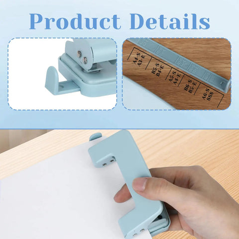 Heavy Duty Metal Two Hole Punch For A4 A5 B5 Paper, Adjustable Manual Paper Punch With 10 Sheet Capacity, Blue, shown in use and details