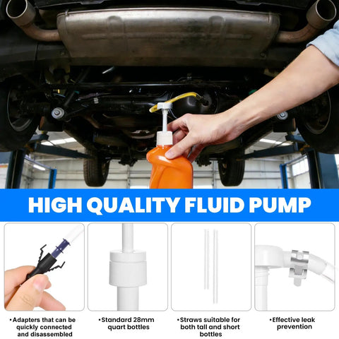 Premium Transmission Fluid Pump For Standard Quart Bottles, 8cc Per Stroke, 3rd Hand Adapter, Flexible Tubing in use under car