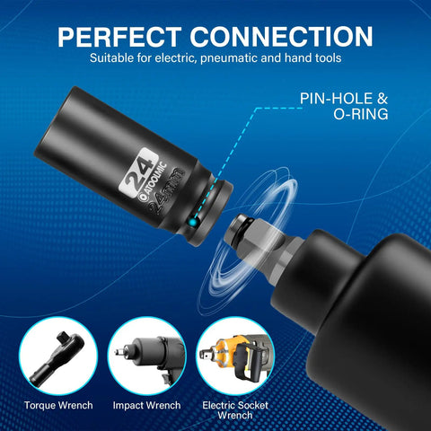 Tough As Nails Half Inch Drive X 24mm Deep Six Point Chrome Moly Impact Socket connecting to a power tool for mechanics.