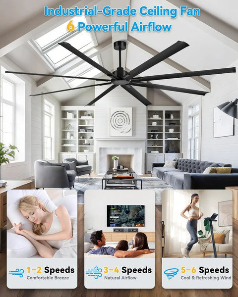 96 Inch HVLS Industrial Ceiling Fan With Over 18,000 CFM in modern living room, highlighting airflow speeds, quiet operation.