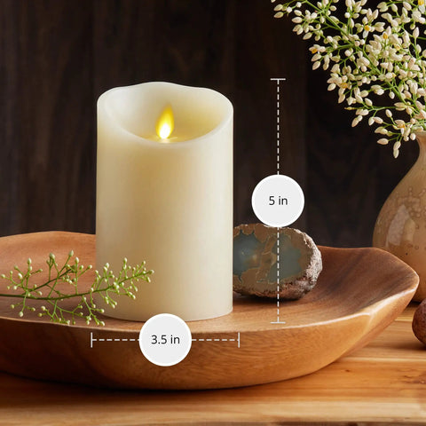 Scalloped Edge Flameless LED Candle Ivory 3.5 Inch Diameter 9 Inch Tall Real Wax Pillar With Moving Flame And Auto Timer Battery Operated Vanilla Honey Scented Cozy Glow on wooden tray