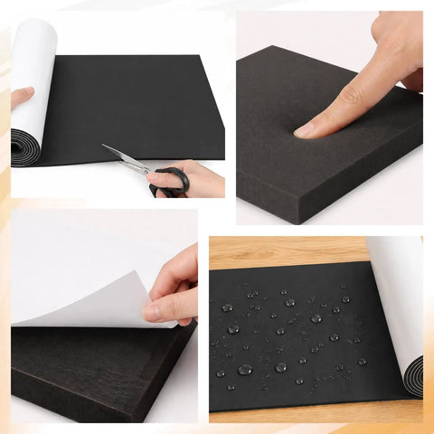 Top Shelf Closed Cell Neoprene Foam Sheets With Adhesive Backing For Kick Butt Shock Absorption And Waterproof Indoor Outdoor Insulation In Classic Black 59x12x1/16 Inch showing cutting and applying foam.