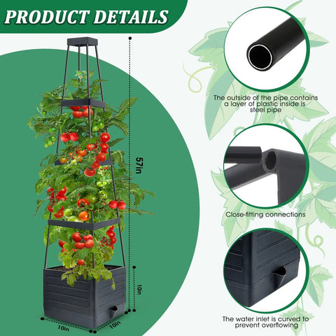 Two Pack Raised Garden Bed Planter Boxes With Trellis For A 57 Inch Self Watering Tomato Planter Box Set, vertical view