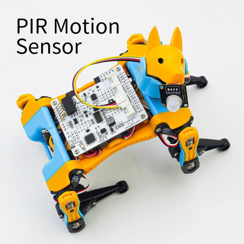 PIR motion sensor on robotic module with All In One Sensor Pack For Robotics IoT And AI, featuring Grove connectors for ESP32 and Pi.