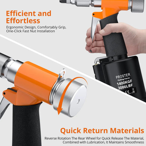 Go-To Pneumatic Hydraulic Rivet Nut Gun Set With 8 Mandrels and ergonomic handle grip.