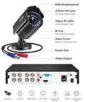 8 Channel 3K Lite HD-TVI Security System For Indoors Or Outdoors With AI Human And Vehicle Detection Night Vision 4X 1080P Metal CCTV Cameras Remote Access H265 Plus DVR No Hard Drive Included, showing camera and DVR ports detail.