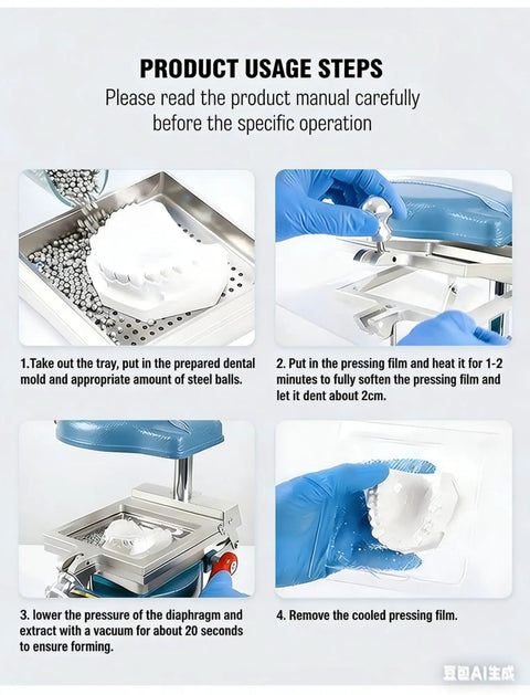 Step-by-step usage of the 1000W Dental Vacuum Forming Machine For At Home Molding DIY Stainless Steel Heating System Night Guards And Whitening Trays Pro Grade High Efficiency Mold Tool 110V 60Hz Or 220V 50Hz