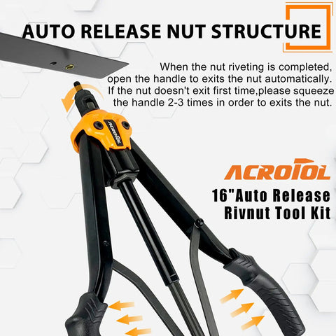 Rivet Nut Tool Kit 16 Inch Heavy Duty Pro Grade Auto Release Nutsert Tool With 12 Mandrels display and instructions