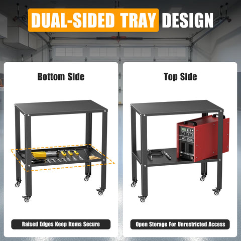 Pro-Grade Welding Workbench Table With Heavy-Duty Steel Construction showing double-sided tool tray design