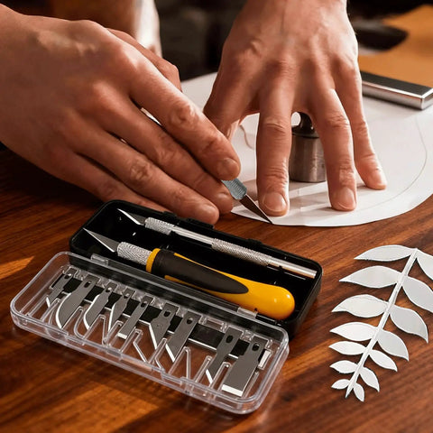 Hands using the Pro Grade 16 Piece Hobby Knife Set With Interchangeable Blades Ergonomic Grip Anti Slip Handle for crafting.