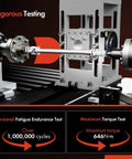 Side view of A-Premium Upper Intermediate Steering Shaft in a lab test rig for torque and endurance testing.