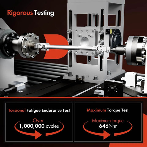 Side view of A-Premium Upper Intermediate Steering Shaft in a lab test rig for torque and endurance testing.