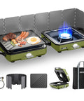 Two Burner Camping Stove With Windshield 20000 BTU Propane Camp Stove Portable Folding Gas Stove Includes Frying Pan and Bag