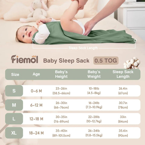 Snug Baby Sleep Sack Set 6 to 12 Months Three Pack Hundred Percent Cotton Wearable Blanket Lightweight Half Tog With Durable Double Zipper For Newborns And Infants Cyan shown with size chart