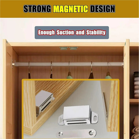 Image of 10 Pack Mini Cabinet Magnetic Catch Latches For Doors And Drawers Stainless Steel 55mm inside a wooden wardrobe.