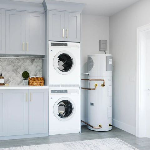 Top Rated 80 Gallon Electric Heat Pump Water Heater With Energy Star Efficiency And Fast Recovery For Zero Emissions in a modern laundry room.