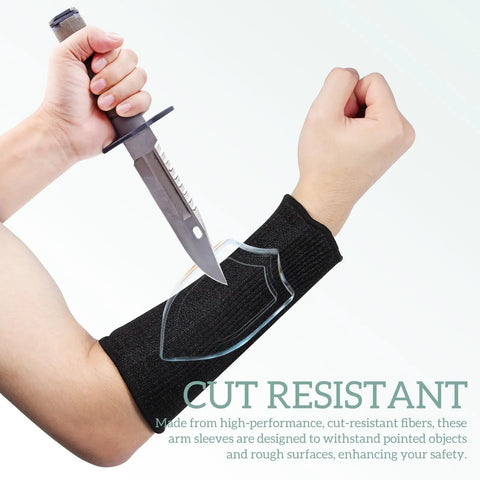 Solid Cut Resistant Forearm Sleeves With A Grippy Nonslip Fit And Thick Reinforced Seaming Built To Dodge Splinters And Scratches On Rough Worksites Or Weekend Garden Projects Reliable Armor That Stays Locked In Wherever You Hustle, shown protecting forearm against a knife.