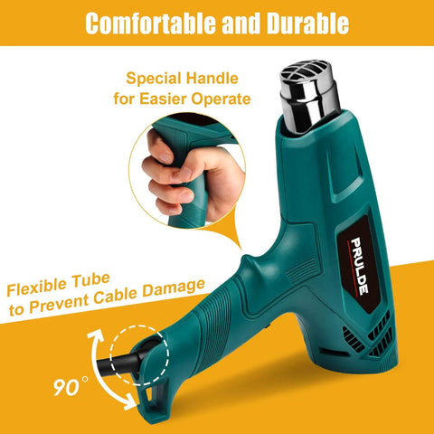 Dual Temp Heat Gun Kit With 752F To 1112F Hot Air Beast For Crafts 4 Nozzles Shrink Wrap Tubing Paint Removal Lightweight Safe With Stand and Overheat Protection, green handle, flexible tube.