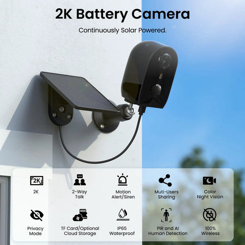 Outdoor Wireless Security Camera Kit With 2.4GHz WiFi Battery Power Solar Panel Color Night Vision AI Motion Detection mounted on wall