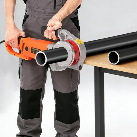 Using 2300W Heavy Duty Electric Pipe Threader Machine Kit on black steel pipe for plumbing construction.