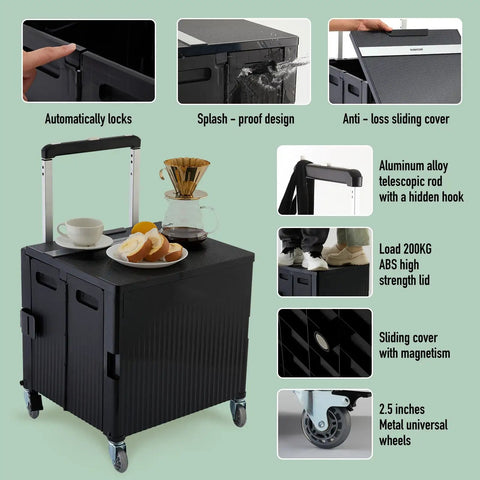 Foldable Rolling Utility Cart With Lid On Wheels Collapsible Handcart Trolley For Grocery Shopping Office Camp School And File Organization Durable Black With Brakes And Large Capacity in use with various features shown.