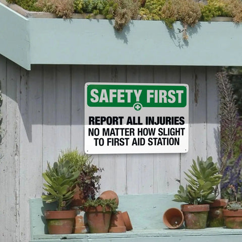 Warning Sign Report All Injuries No Matter How Small For First Aid Aluminum Safety Plaque Industrial Wall Decor 8 By 12 Inches