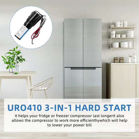 3 In 1 Hard Start Kit For Refrigerators And Freezers With Overload, Start Relay, And Compressor Capacitor 115VAC, shown with fridge