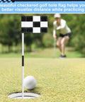Six Pack Checkered Golf Flags 8x6 Inches Made From 420D Nylon displayed on putting green with golfer in background.