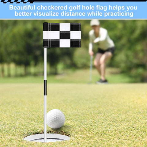 Six Pack Checkered Golf Flags 8x6 Inches Made From 420D Nylon displayed on putting green with golfer in background.