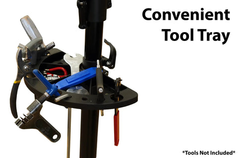 Tool tray on Mechanic Bike Repair Stand With Adjustable Height And Tilt Pro Grade Quick Release 360 Degree Rotation Heavy Duty Clamp.